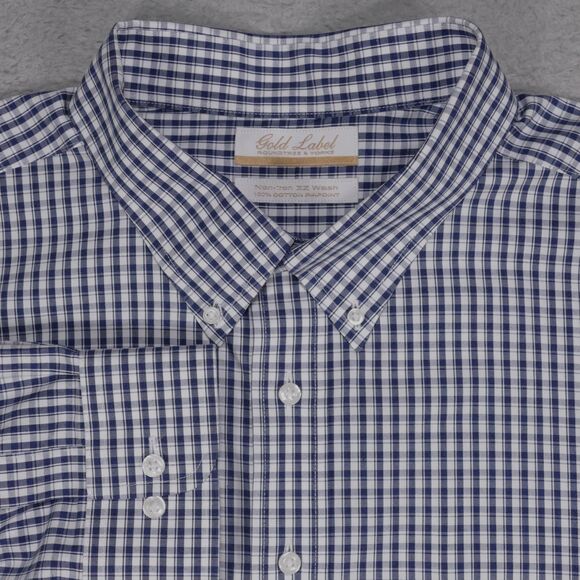 Roundtree Yorke Gold Label Men 19 -36/37 Button Shirt Blue Plaid Long Sleeve - Picture 1 of 16